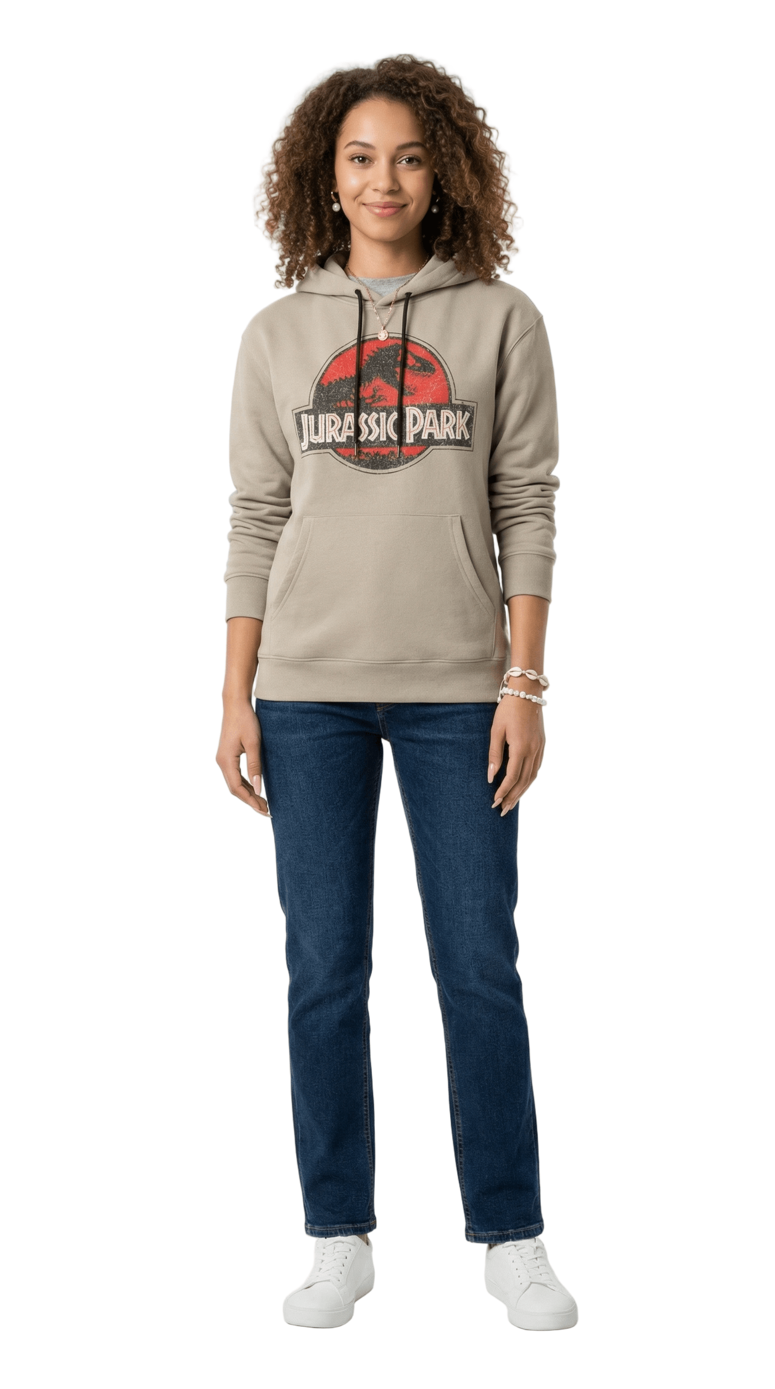 Hoodie Jurassique beige porté par une femme, avec logo officiel Jurassic Park. Sweat stylé pour look streetwear et détente.