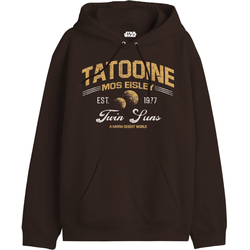 Sweat-shirt Star Wars Tatooine Twin Suns Officiel avec design rétro doré, capuche et poche kangourou, disponible chez Legend Stuff.