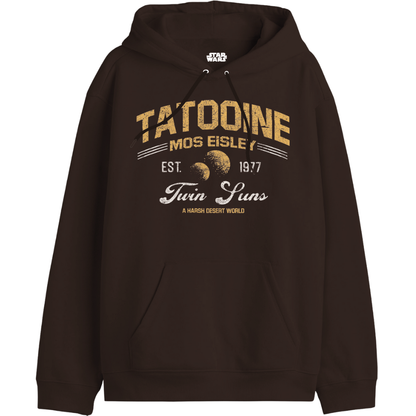 Sweat-shirt Star Wars Tatooine Twin Suns Officiel avec design rétro doré, capuche et poche kangourou, disponible chez Legend Stuff.