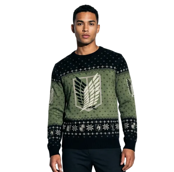 Pull de Noël L'Attaque des Titans Bataillon d'Exploration – Pull Tricoté Officiel – Kaki & Noir