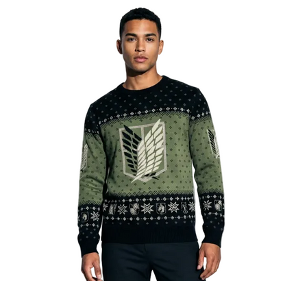 Pull de Noël L'Attaque des Titans Bataillon d'Exploration – Pull Tricoté Officiel – Kaki & Noir