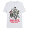 T-shirt Stranger Things à imprimé Retro Bikers non porté, affichant les enfants à vélo et le logo rouge emblématique de la série Netflix.