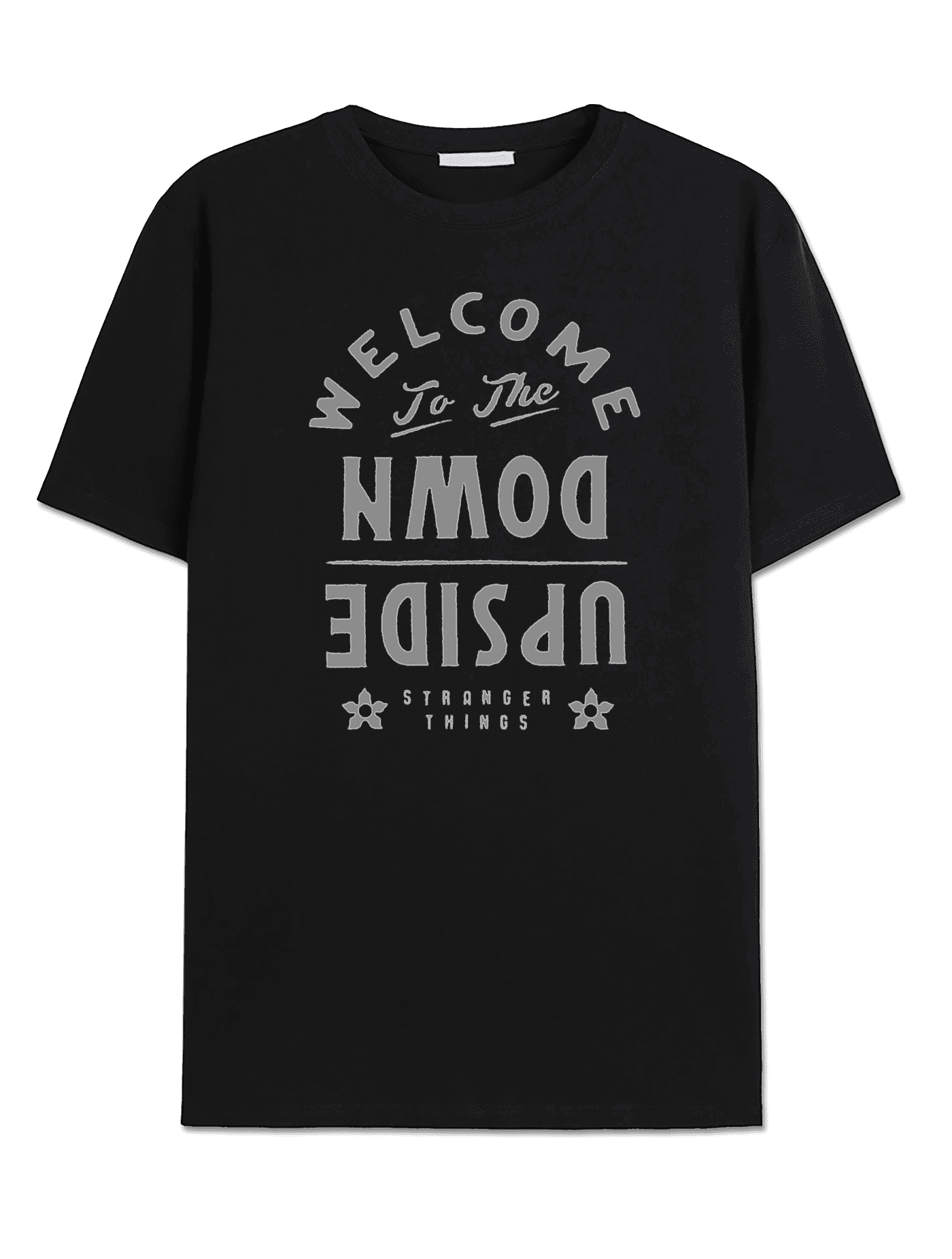 T-shirt Stranger Things - Welcome to the upside down - Legend Stuff noir avec texte inversé, style classique pour fans de la série Netflix culte.