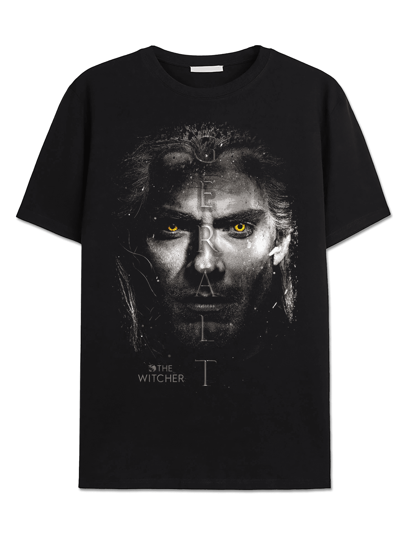 T-shirt The Witcher - Geralt of Rivia - Legend Stuff noir avec portrait intense de Geralt aux yeux jaunes, idéal pour fans de la série Netflix.