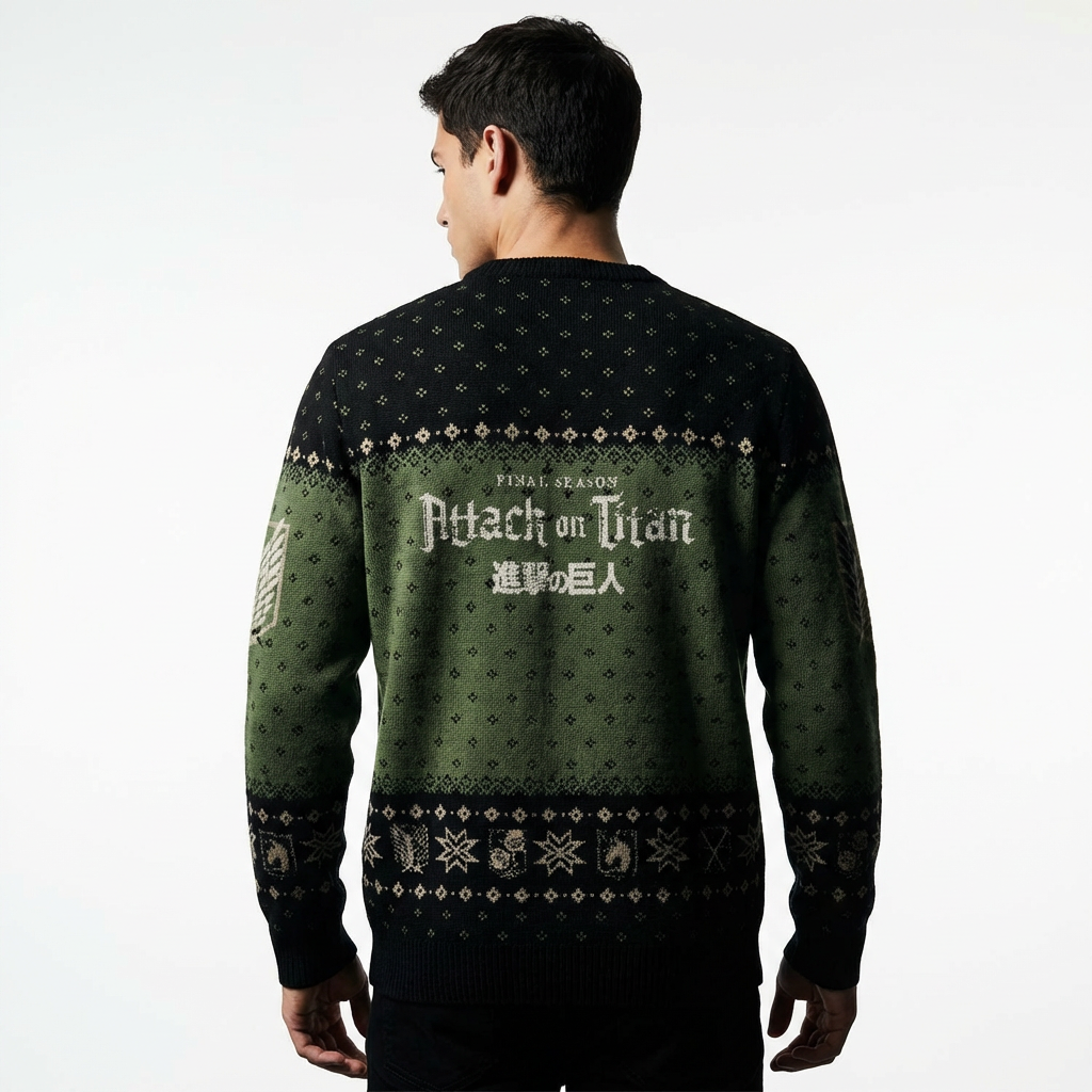 Pull de Noël L'Attaque des Titans Bataillon d'Exploration – Pull Tricoté Officiel – Kaki & Noir