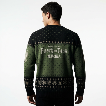 Pull de Noël L'Attaque des Titans Bataillon d'Exploration – Pull Tricoté Officiel – Kaki & Noir