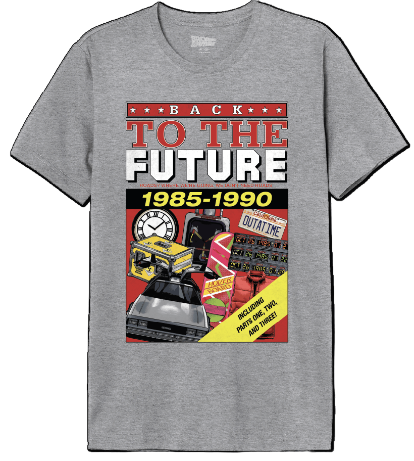 T-shirt Retour vers le futur - Almanac officiel en coton gris, motif coloré avec voiture DeLorean, horloge et jaquette de l’almanach. Style rétro geek assumé.