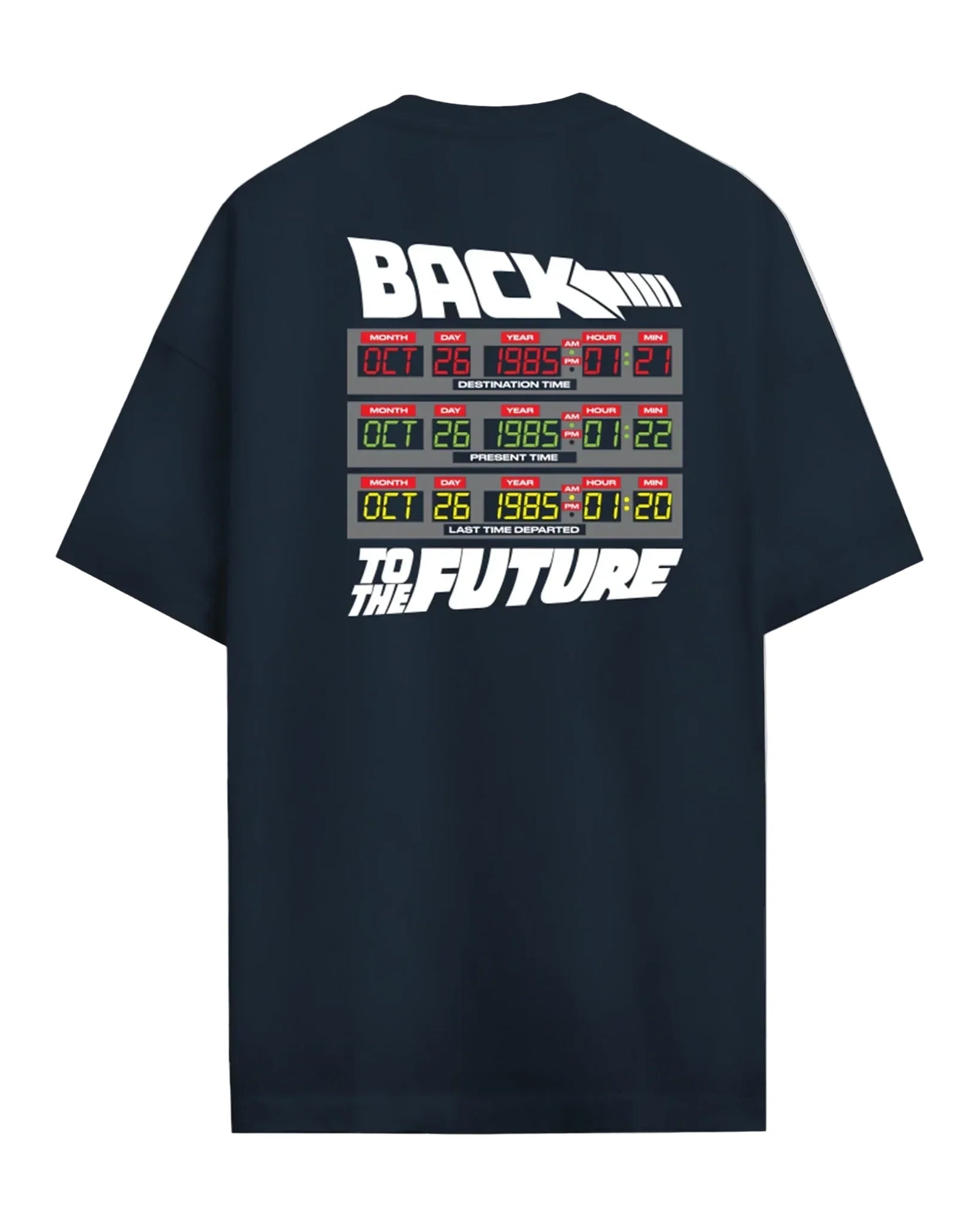 Vue arrière du T-shirt Retour vers le Futur OFFICIEL Dates Voyage avec impression tableau des dates de voyage temporel et logo Back to the Future.
