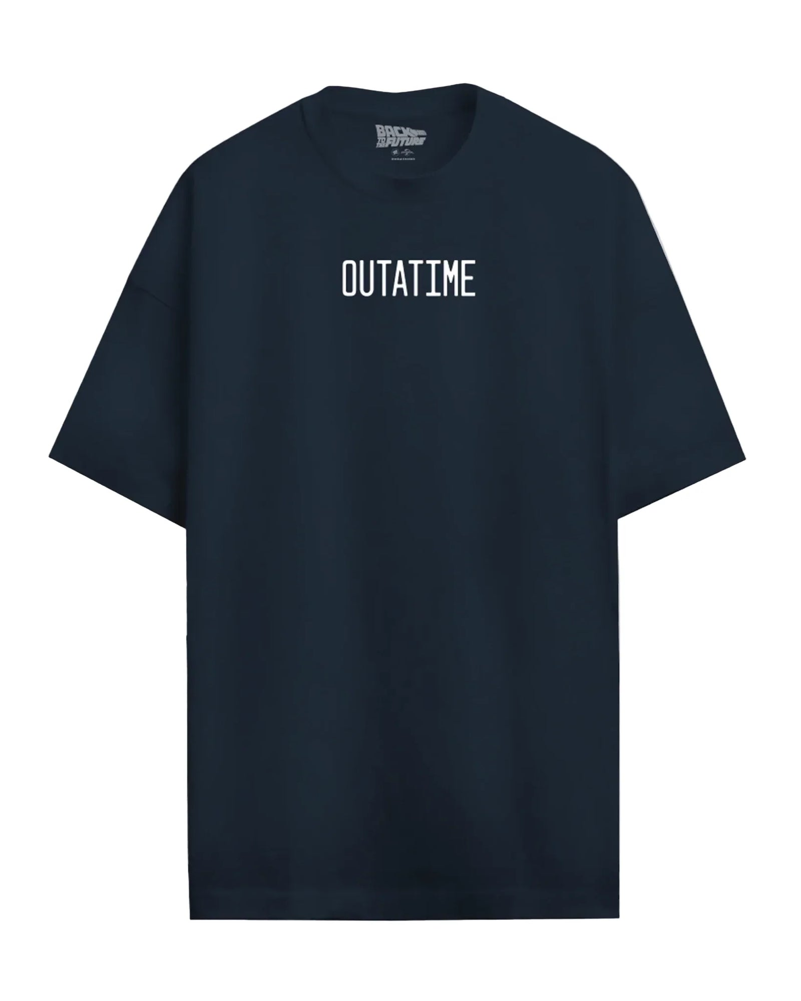 T-shirt Retour vers le Futur OFFICIEL Dates Voyage bleu marine affichant le texte OUTATIME centré sur la poitrine, style classique oversize.