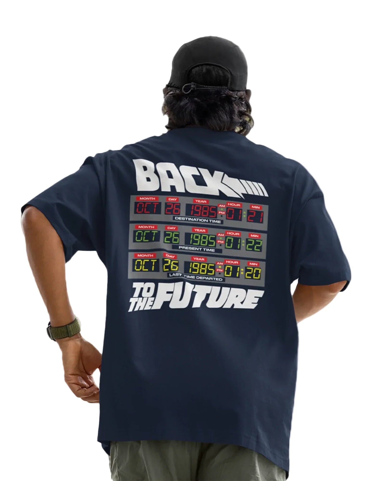 Dos du T-shirt Retour vers le Futur OFFICIEL Dates Voyage avec tableau temporel multicolore et logo Back to the Future, coupe oversize.