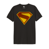 T-shirt Superman Officiel noir avec logo flock rouge et jaune en velours, produit DC Comics par Legend Stuff, style classique pour homme.