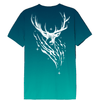Vue arrière du t-shirt Harry Potter Expecto Patronum Tie-Dye Officiel avec grand imprimé cerf Patronus blanc sur fond tie-dye bleu-vert.