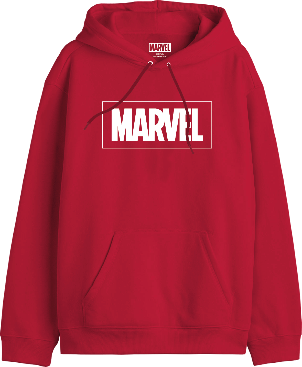 Hoodie rouge Marvel officiel avec logo blanc en gros plan, poche kangourou et capuche à cordons, vêtement unisexe de haute qualité.