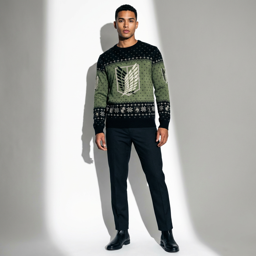 Pull de Noël L'Attaque des Titans Bataillon d'Exploration – Pull Tricoté Officiel – Kaki & Noir
