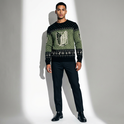 Pull de Noël L'Attaque des Titans Bataillon d'Exploration – Pull Tricoté Officiel – Kaki & Noir