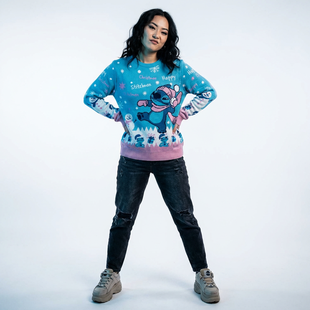 Pull de Noël Disney™ Stitch Happy Stitchmas – Pull Tricoté Officiel Bleu & Rose