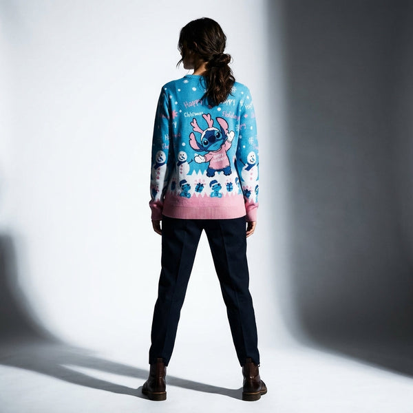 Pull de Noël Disney™ Stitch Happy Stitchmas – Pull Tricoté Officiel Bleu & Rose