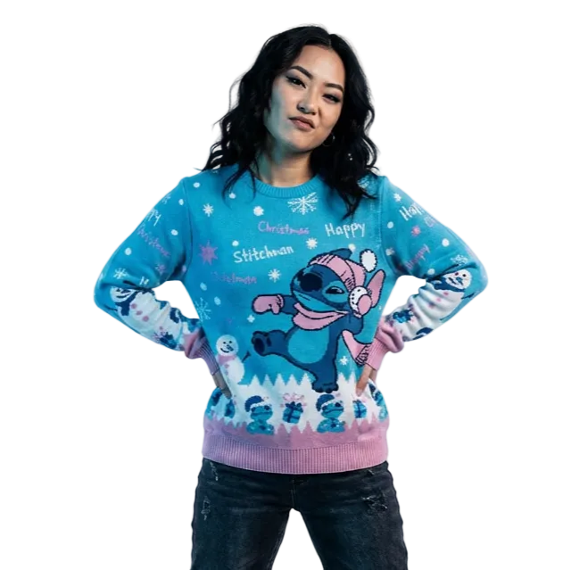 Pull de Noël Disney™ Stitch Happy Stitchmas – Pull Tricoté Officiel Bleu & Rose