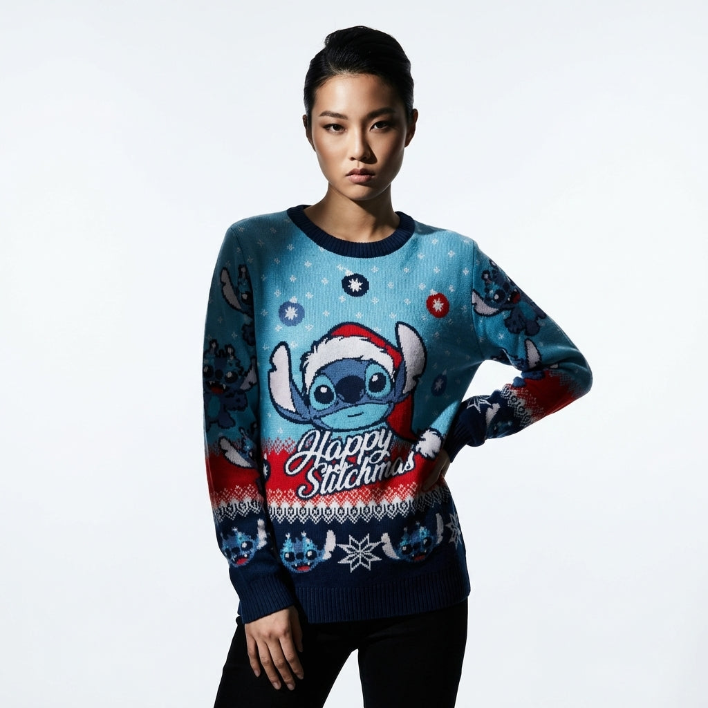 Pull de Noël Disney™ Lilo & Stitch « Happy Stitchmas » – Pull Tricoté Officiel Bleu Marine