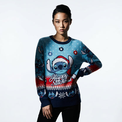 Pull de Noël Disney™ Lilo & Stitch « Happy Stitchmas » – Pull Tricoté Officiel Bleu Marine