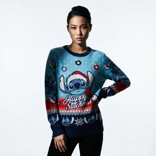 Pull de Noël Disney™ Lilo & Stitch « Happy Stitchmas » – Pull Tricoté Officiel Bleu Marine
