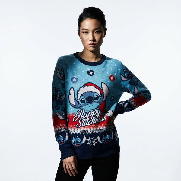 Pull de Noël Disney™ Lilo & Stitch « Happy Stitchmas » – Pull Tricoté Officiel Bleu Marine