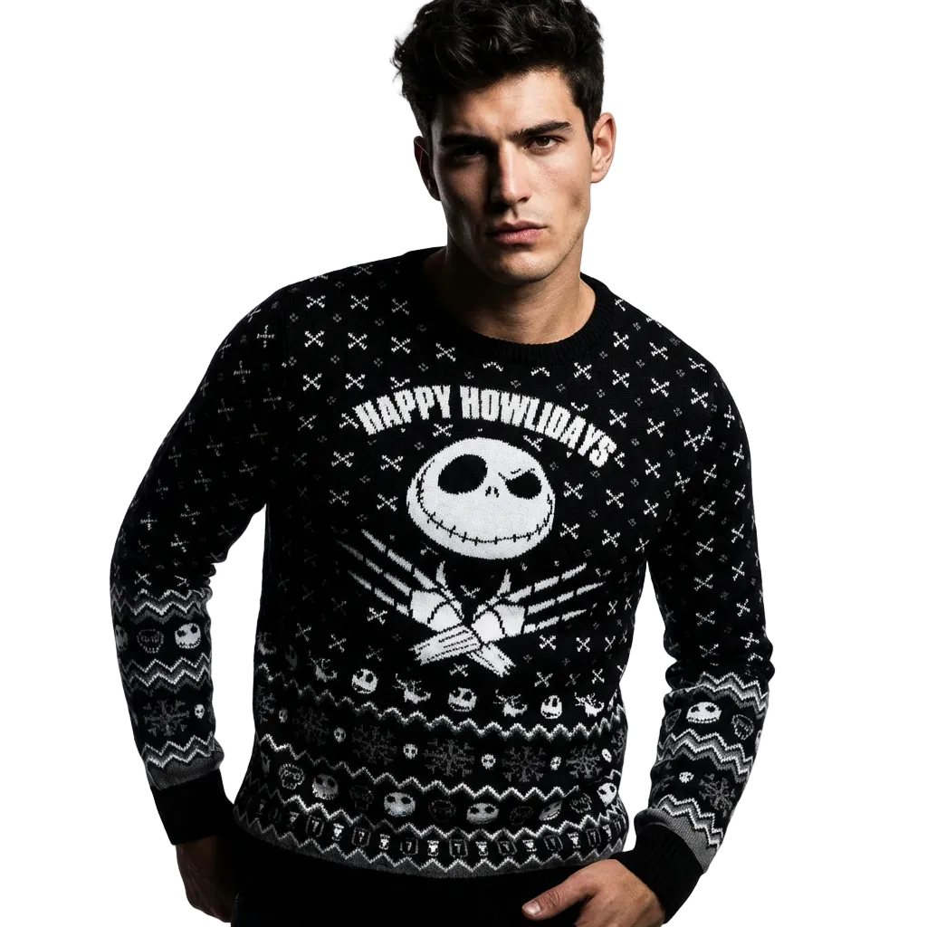 Pull de Noël L'Étrange Noël de Monsieur Jack™ Jack Skellington Happy Howlidays – Pull Tricoté Officiel Noir