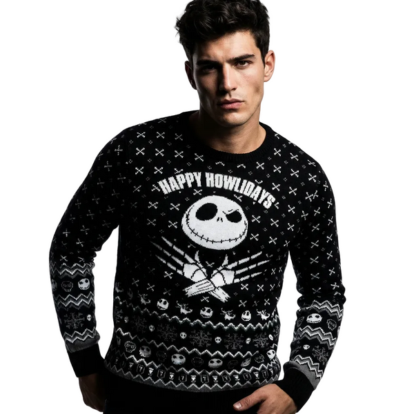 Pull de Noël L'Étrange Noël de Monsieur Jack™ Jack Skellington Happy Howlidays – Pull Tricoté Officiel Noir