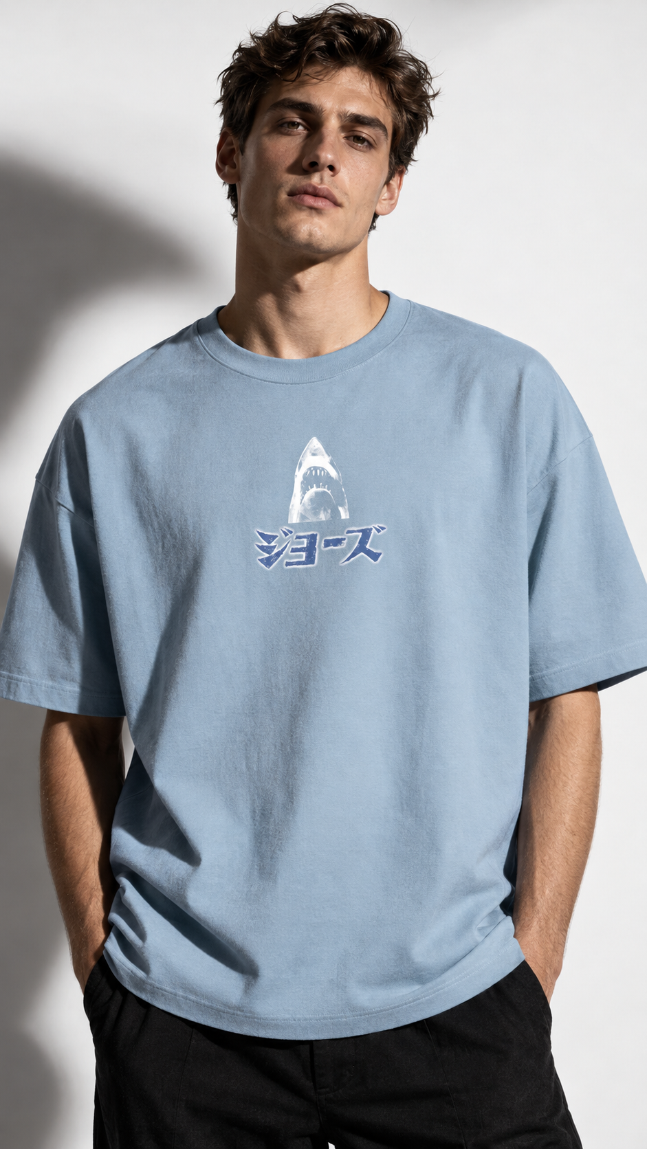 T-shirt Oversize Jaws Japonais Unisexe Bleu