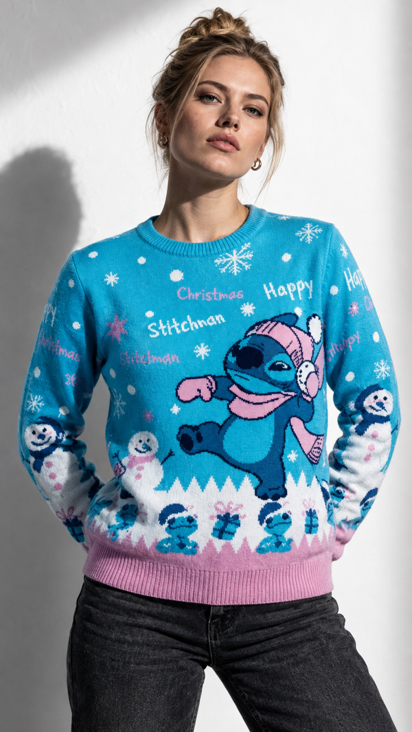 Pull de Noël Disney™ Stitch Happy Stitchmas – Pull Tricoté Officiel Bleu & Rose