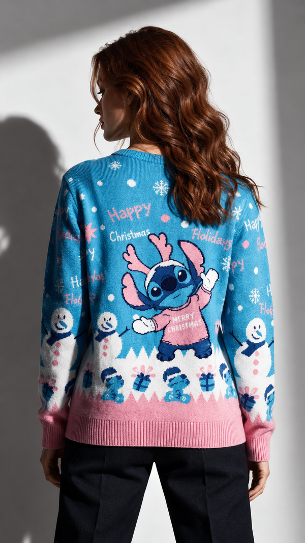 Pull de Noël Disney™ Stitch Happy Stitchmas – Pull Tricoté Officiel Bleu & Rose