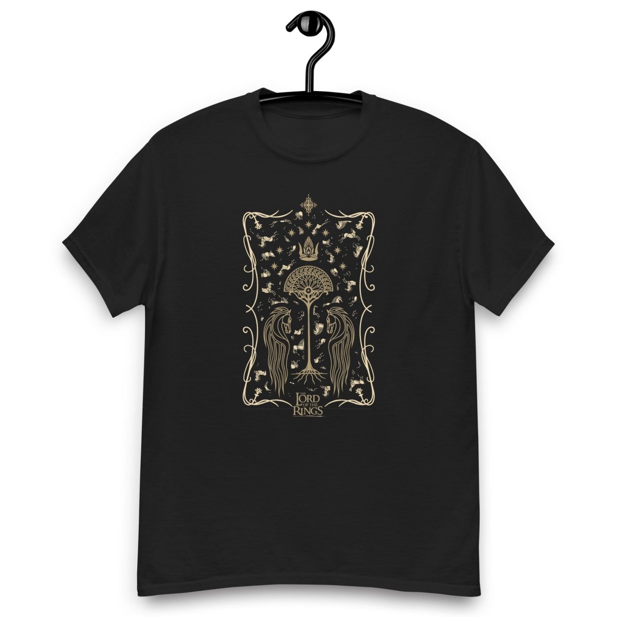 Elegant Middle-Earth Fantasy Design with Horses and Tree T-shirt