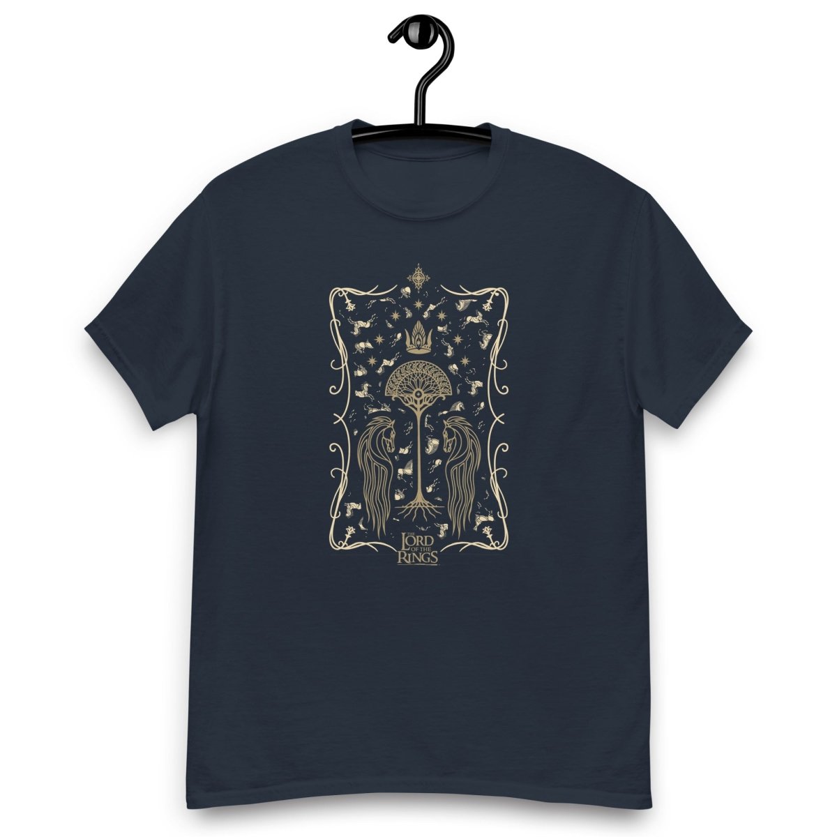 Elegant Middle-Earth Fantasy Design with Horses and Tree T-shirt