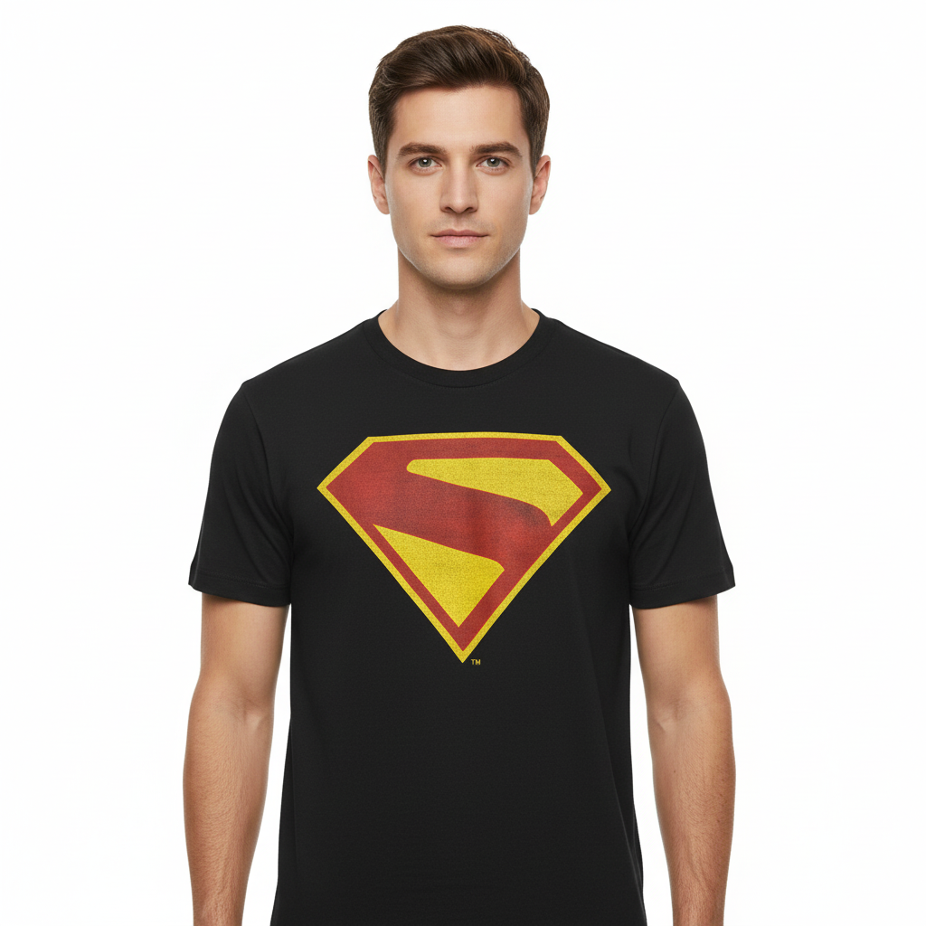 T-shirt Superman Officiel – Logo Flock Rouge & Jaune