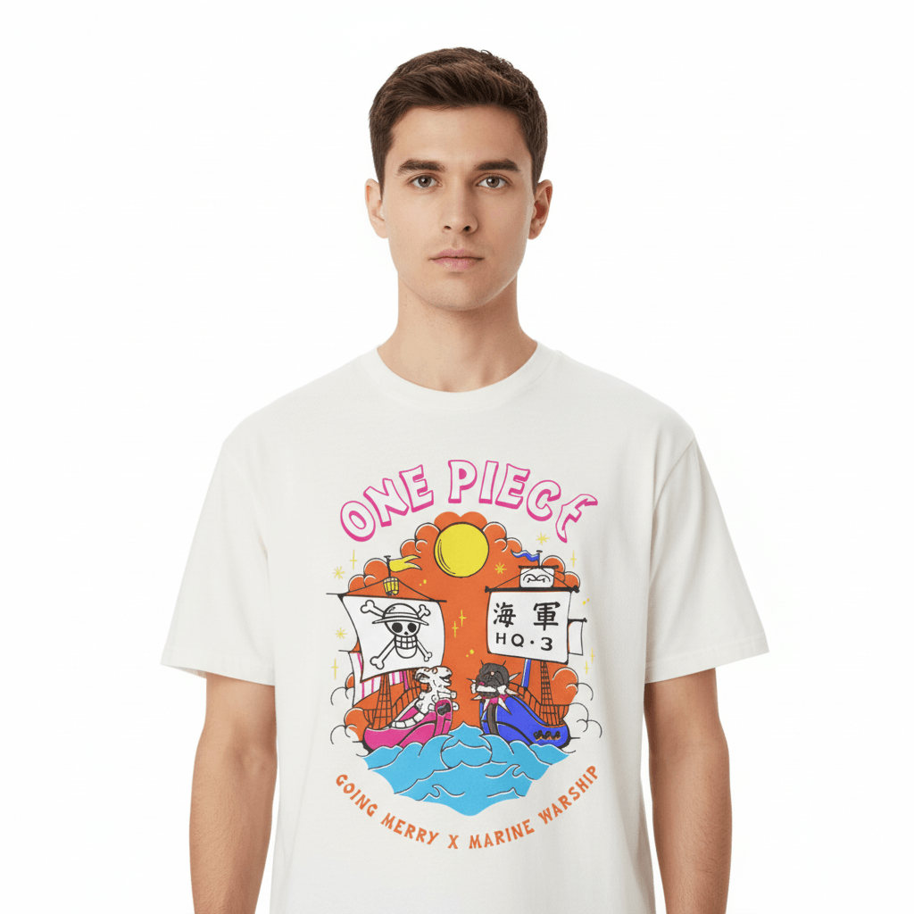 T-shirt One Piece Officiel - Merry X Marine porté par un homme, design coloré avec les navires Going Merry et Marine HQ.3. 100% coton, style manga.