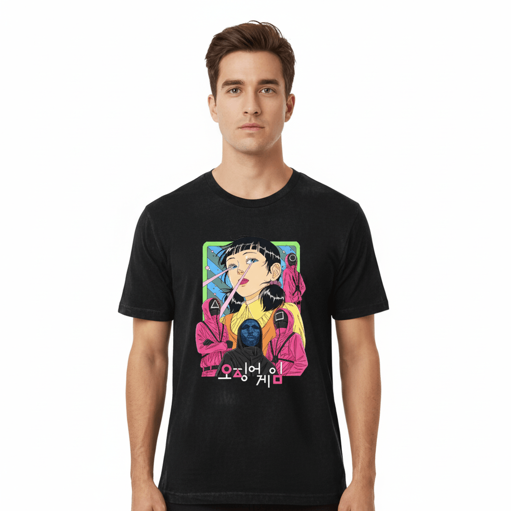 T-shirt Squid Game Coton - Style et Confort porté par un homme, avec imprimé coloré inspiré de la série Netflix, coupe classique col rond.