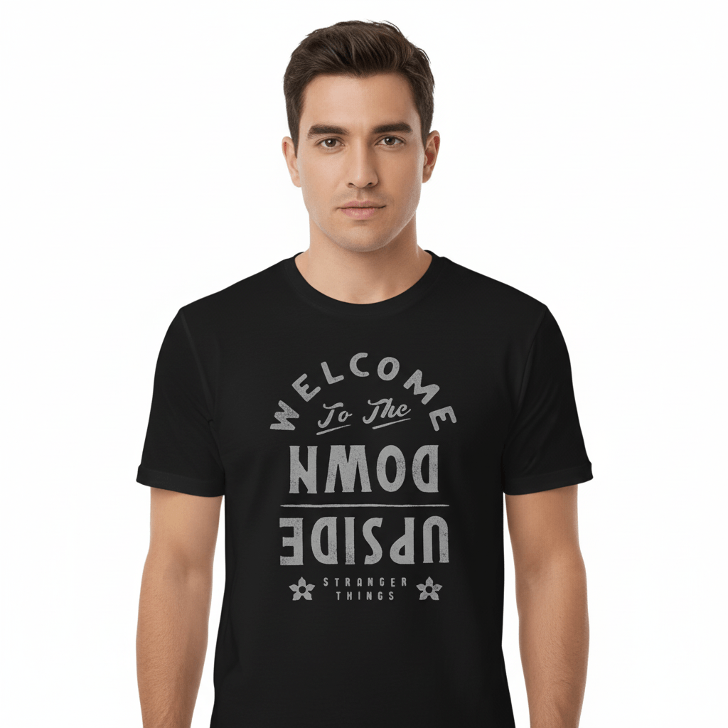 T-shirt Stranger Things - Look Upside Down pour homme, noir 100% coton, imprimé stylisé inspiré de la série Netflix, idéal pour les fans.