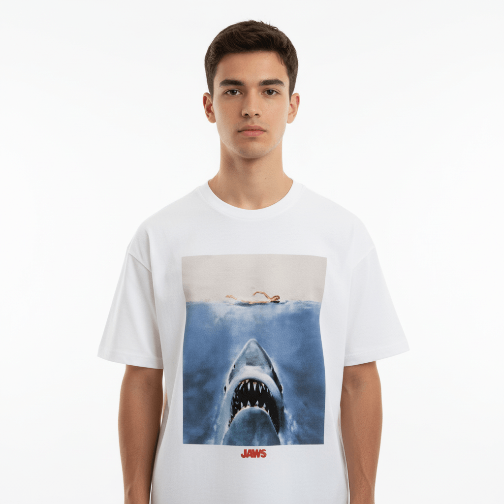 T-shirt Les Dents de la Mer avec requin et nageur, design poster Jaws, mode oversize