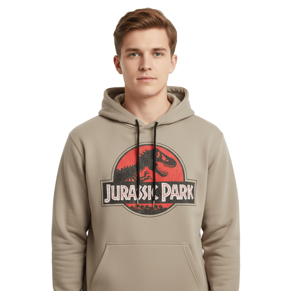 Sweat à capuche unisexe beige avec logo Jurassic Park rouge et noir, porté par un homme. Style casual et confortable pour fans de cinéma.