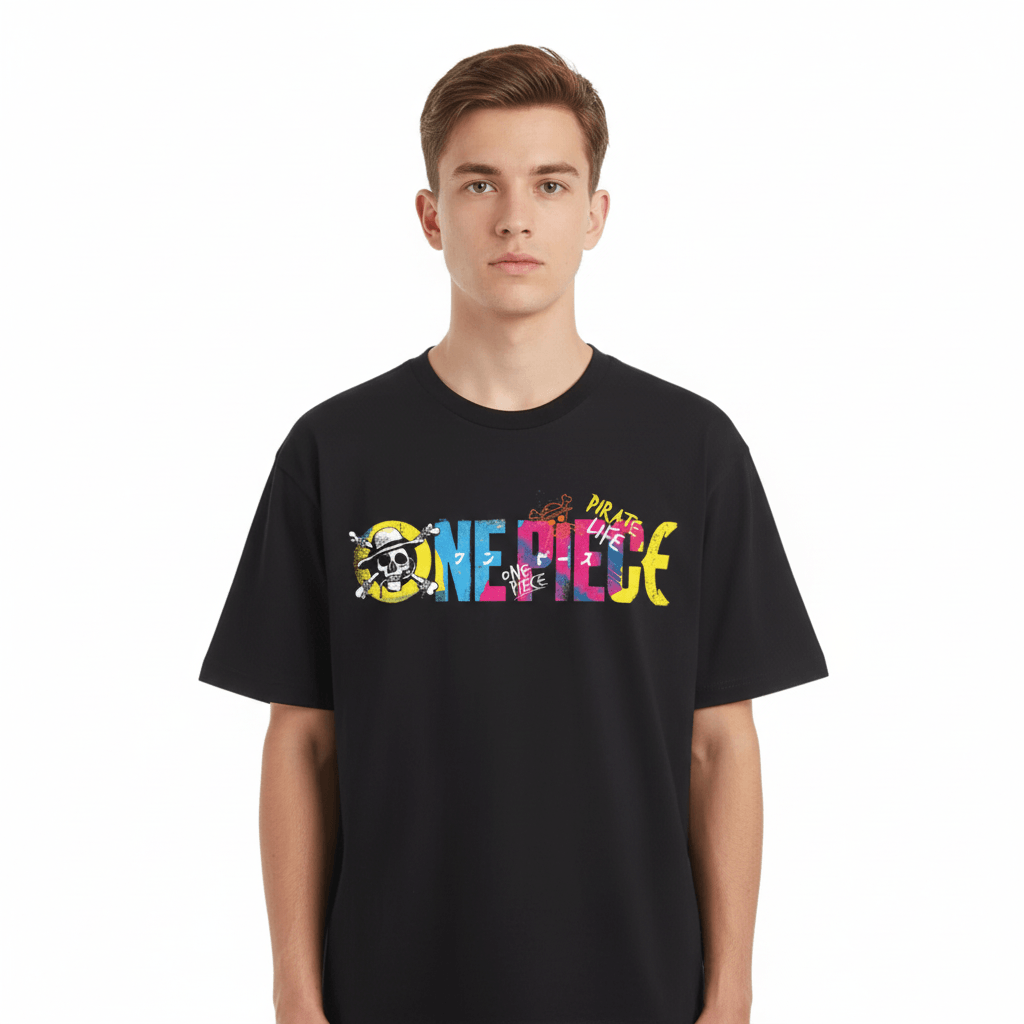 Tee officiel One Piece - T-shirt Pirate Life noir avec logo coloré porté par un homme. Design vibrant pour fans de manga et anime.