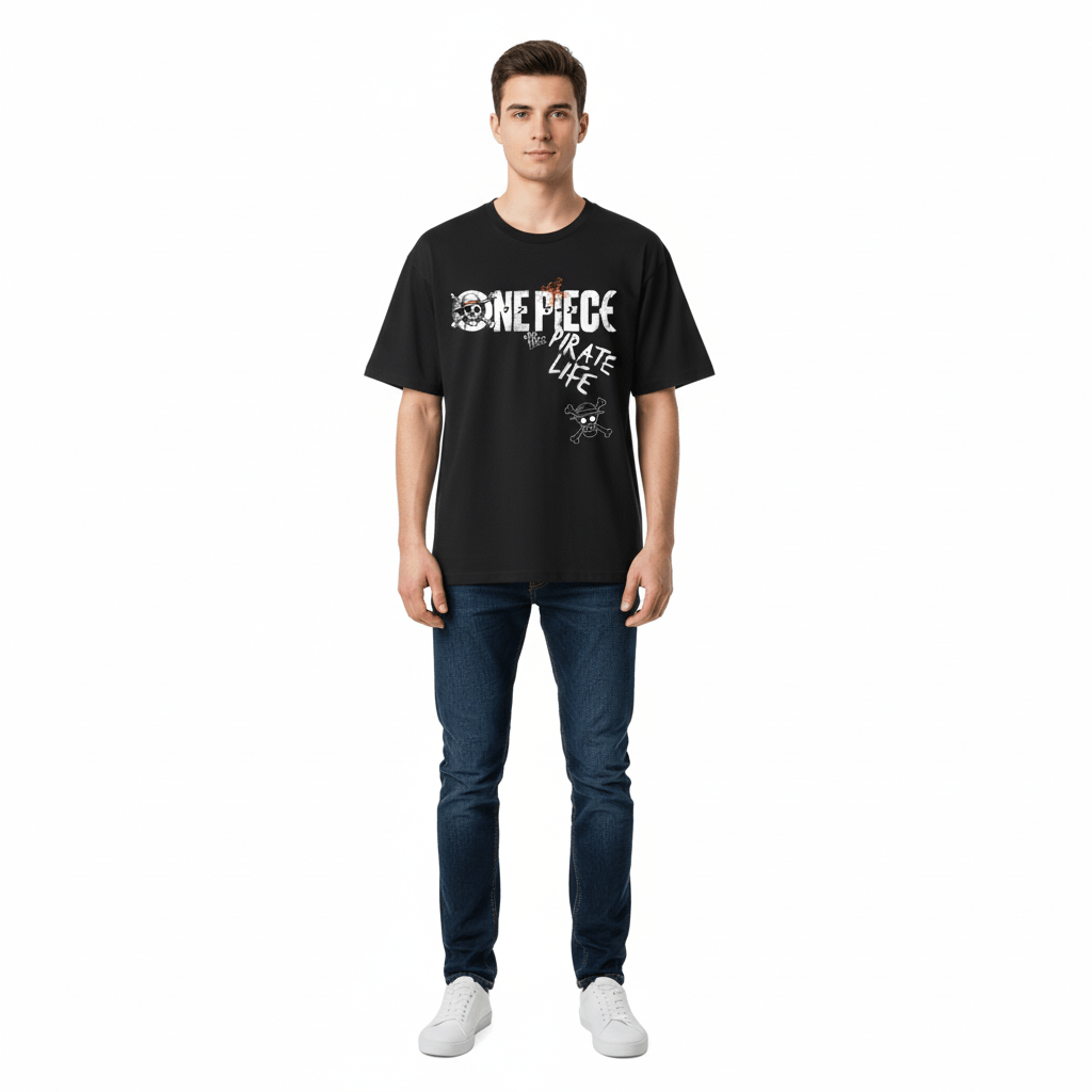 Vue en pied du t-shirt One Piece Officiel - Pirate Life Logo, porté avec un jean et baskets blanches. Style décontracté pour look pop culture.