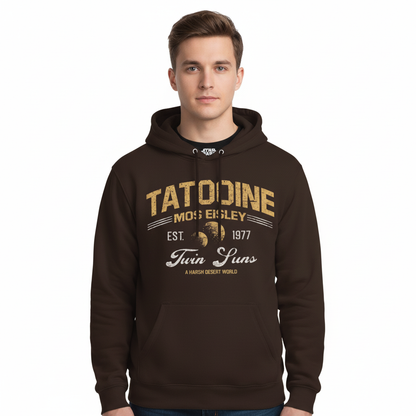 Sweat-shirt hoodie Star Wars Tatooine Twin Suns Officiel pour homme, design rétro avec deux soleils et texte Mos Eisley, couleur marron foncé.