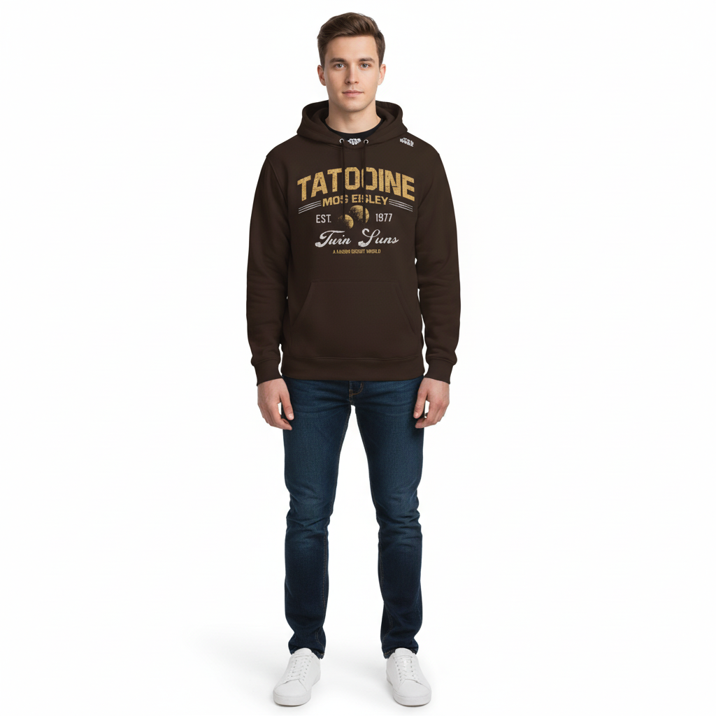 Sweat-shirt hoodie Star Wars Tatooine Twin Suns officiel pour homme, design rétro Mos Eisley en jaune sur fond marron. Modèle unisexe premium idéal pour fans de pop culture.