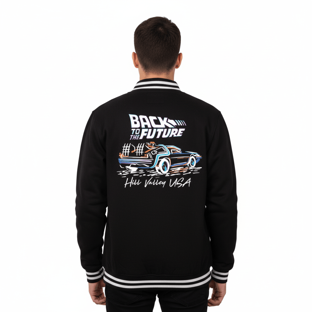 Dos de la veste Back to the Future – Varsity Officielle avec visuel DeLorean et inscription Hill Valley USA, idéale pour collectionneurs de licences.