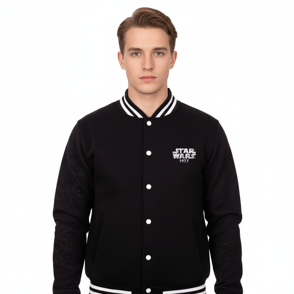 Veste Teddy Star Wars Officielle - Logo 1977 unisexe noire avec logo brodé sur la poitrine, style rétro et coupe varsity tendance.