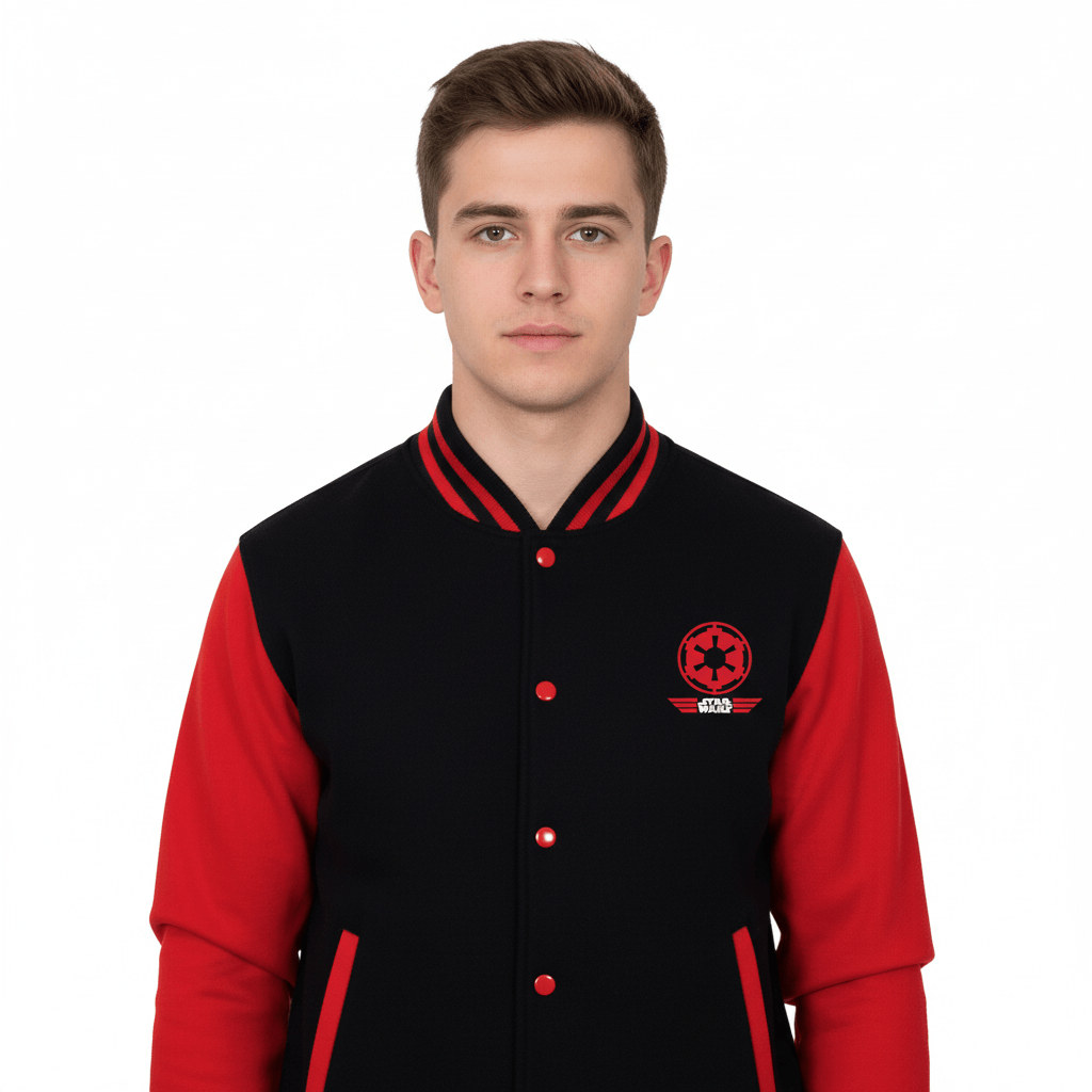 Vue avant de la veste Teddy Star Wars - Empire Emblème portée par un homme, logo Empire brodé sur la poitrine. Look varsity moderne.