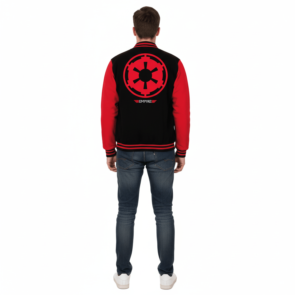 Vue arrière de la veste Teddy Star Wars - Empire Emblème portée par un homme, grand logo Empire rouge centré. Idéale pour collection geek premium.