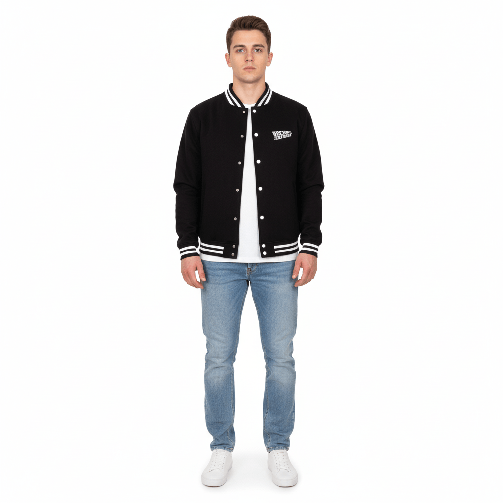 Look complet avec la veste Back to the Future – Varsity Officielle portée avec jean et baskets, parfaite pour un style casual geek chic.