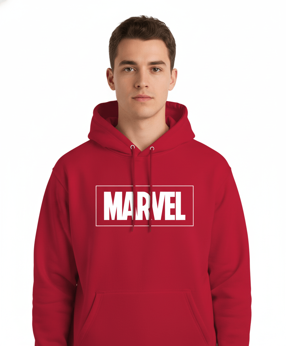 Sweat-shirt hoodie rouge Marvel officiel unisexe avec logo blanc centré, idéal pour les fans de comics recherchant style et confort.