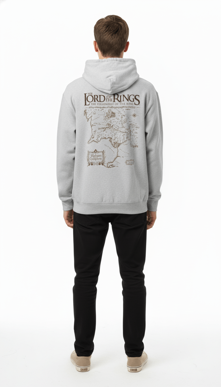 Dos du hoodie Carte Terre du Milieu - Officiel LOTR affichant la carte de la Terre du Milieu, design exclusif pour collectionneurs.